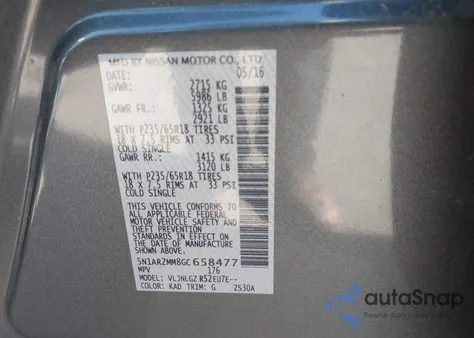 2016 Nissan Pathfinder Sl z USA, uszkodzony, nr VIN 5N1AR2MM8GC658477